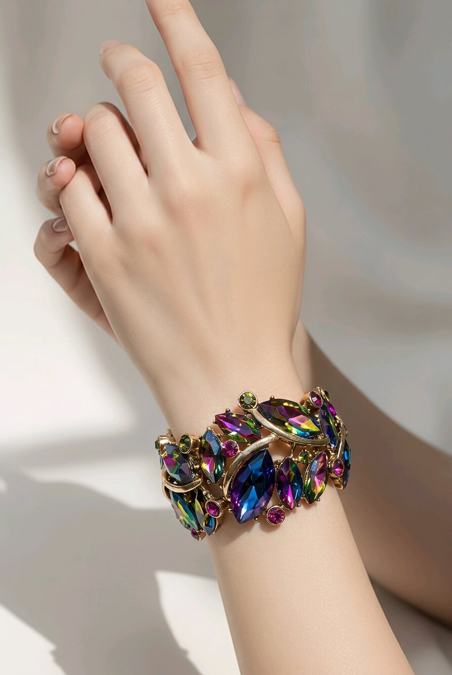 Multicolor Aurora Borealis Rhinestone Stretch Bracelet Gold Tone